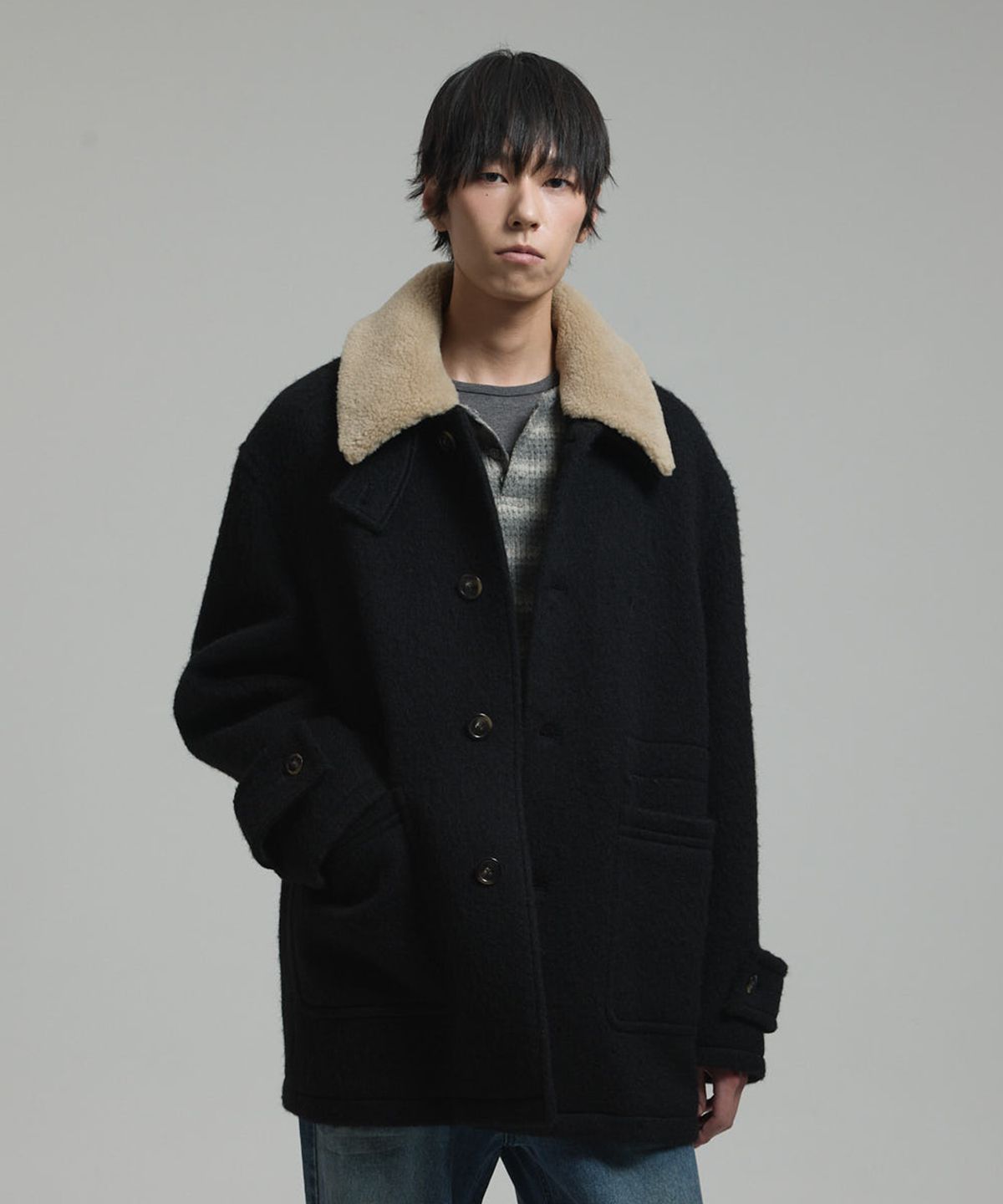 넌블랭크(NONBLANK) 디테쳐블 카라 하프 코트_BLACK