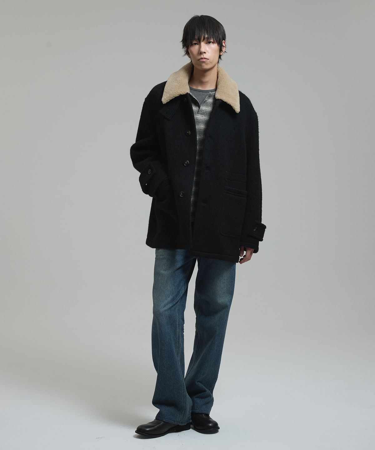 넌블랭크(NONBLANK) 디테쳐블 카라 하프 코트_BLACK