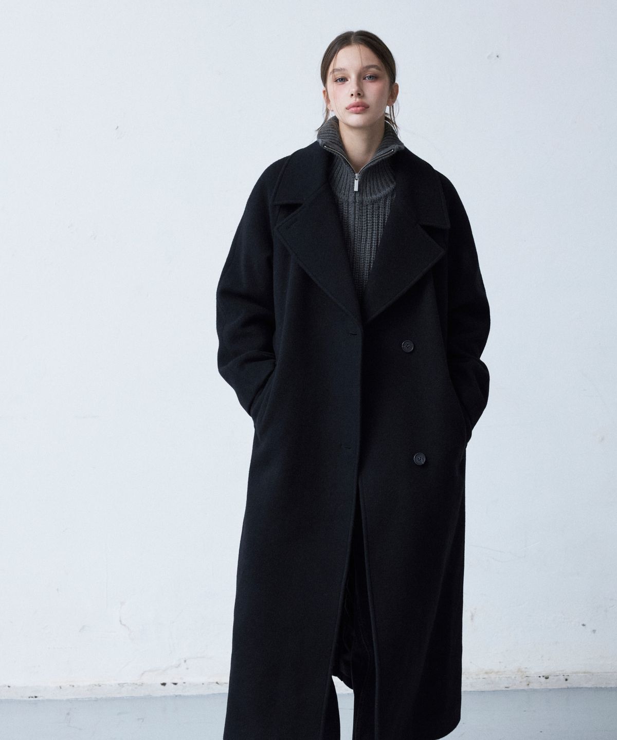 미쏘(MIXXO) 테일러드 벨티드 오버핏 울혼방 롱코트_MIWJHH132G