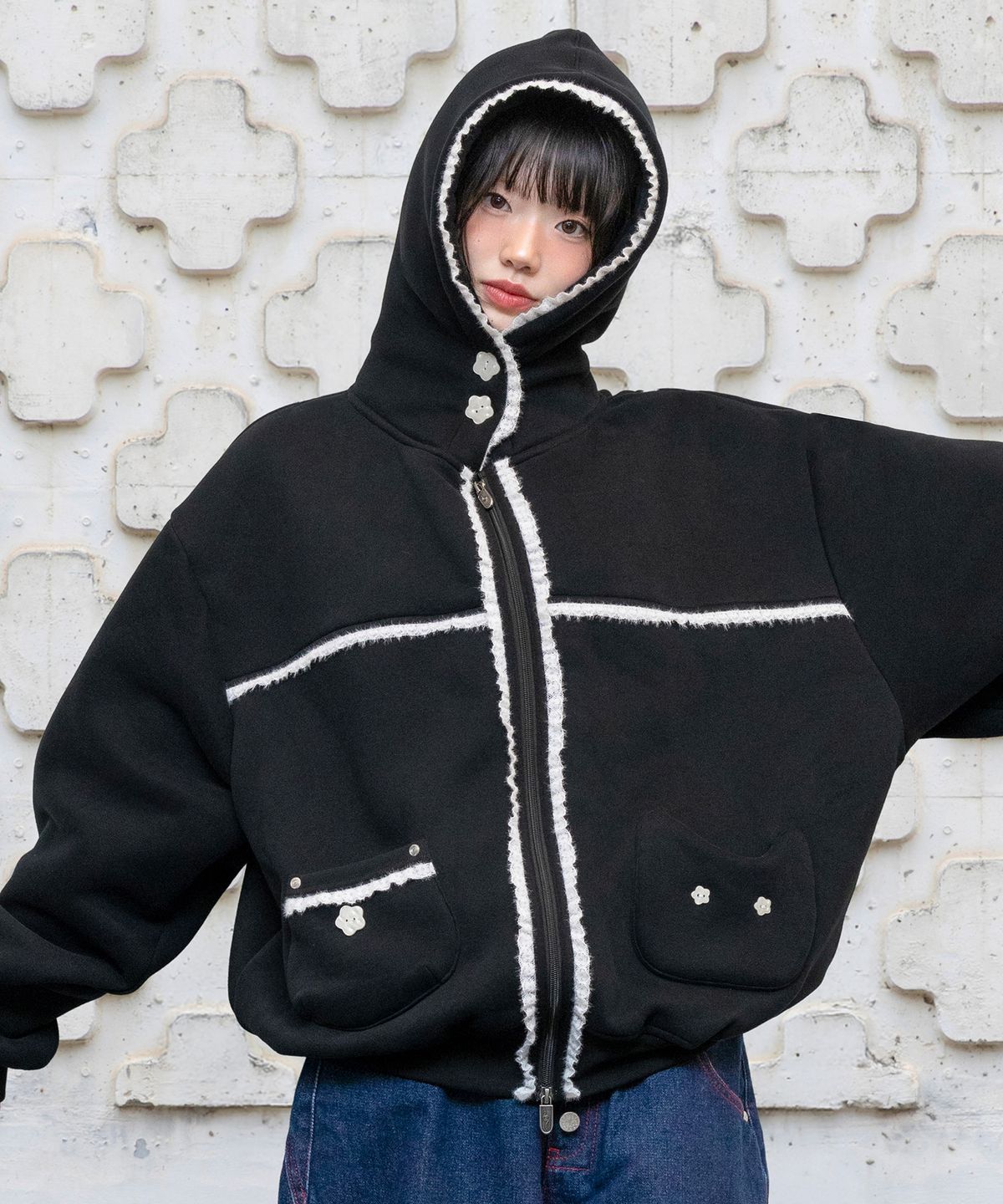 루나키후(RuNaKi'Hu') WXJ023 리에 네코 레이스 엄청난 기모 후드집업 (BLACK)
