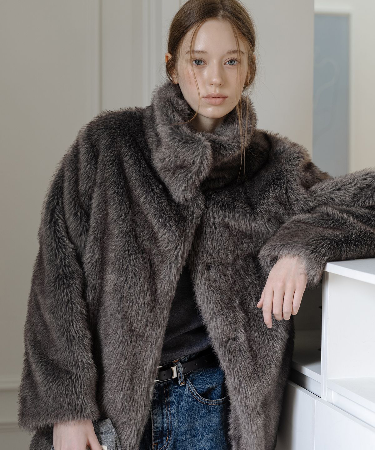 클루니(CLUNY) High Neck Fur Half Coat - Mocha