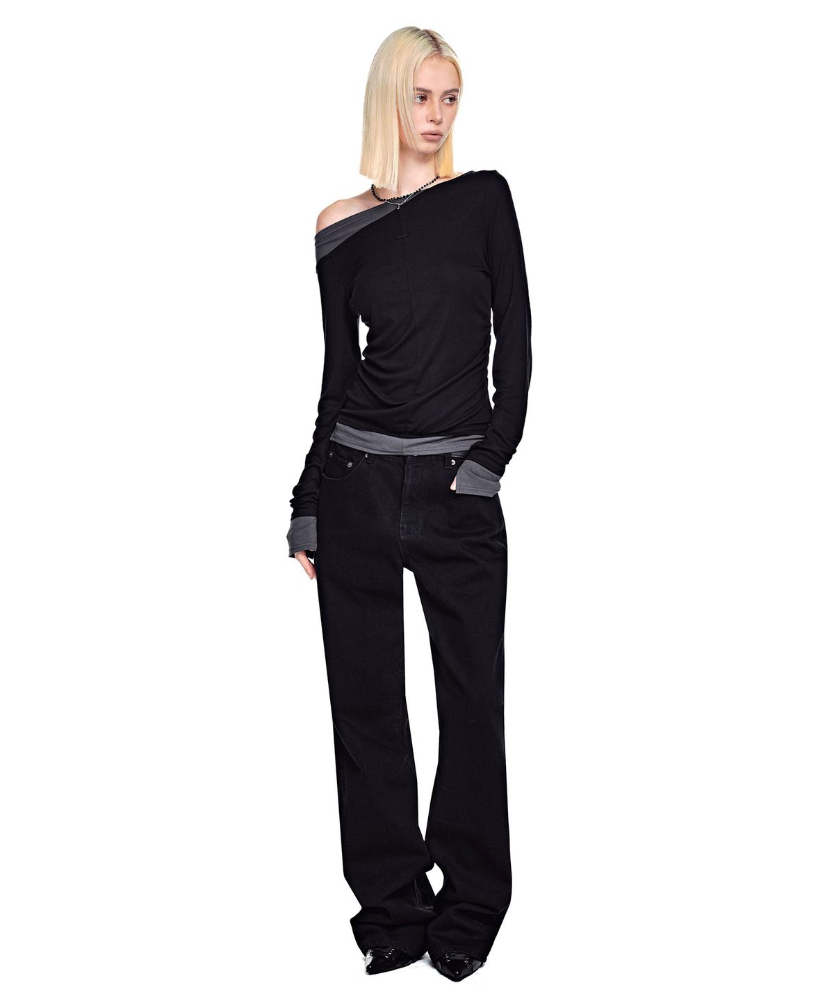 세컨모놀로그(SECONDMONO) [옷미새 미홀 콜라보]Semi Flared Jeans [BLACK]_SEPT090BLACK