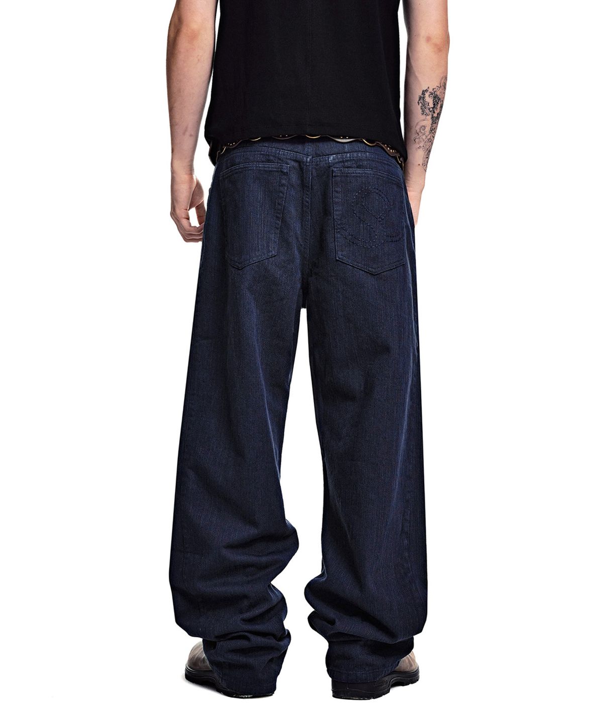 세컨모놀로그(SECONDMONO) [옷미새 미홀 콜라보]Curved Tapered Barrel-Fit Pants [COTTON DBLUE]_SEPT092DBLUE