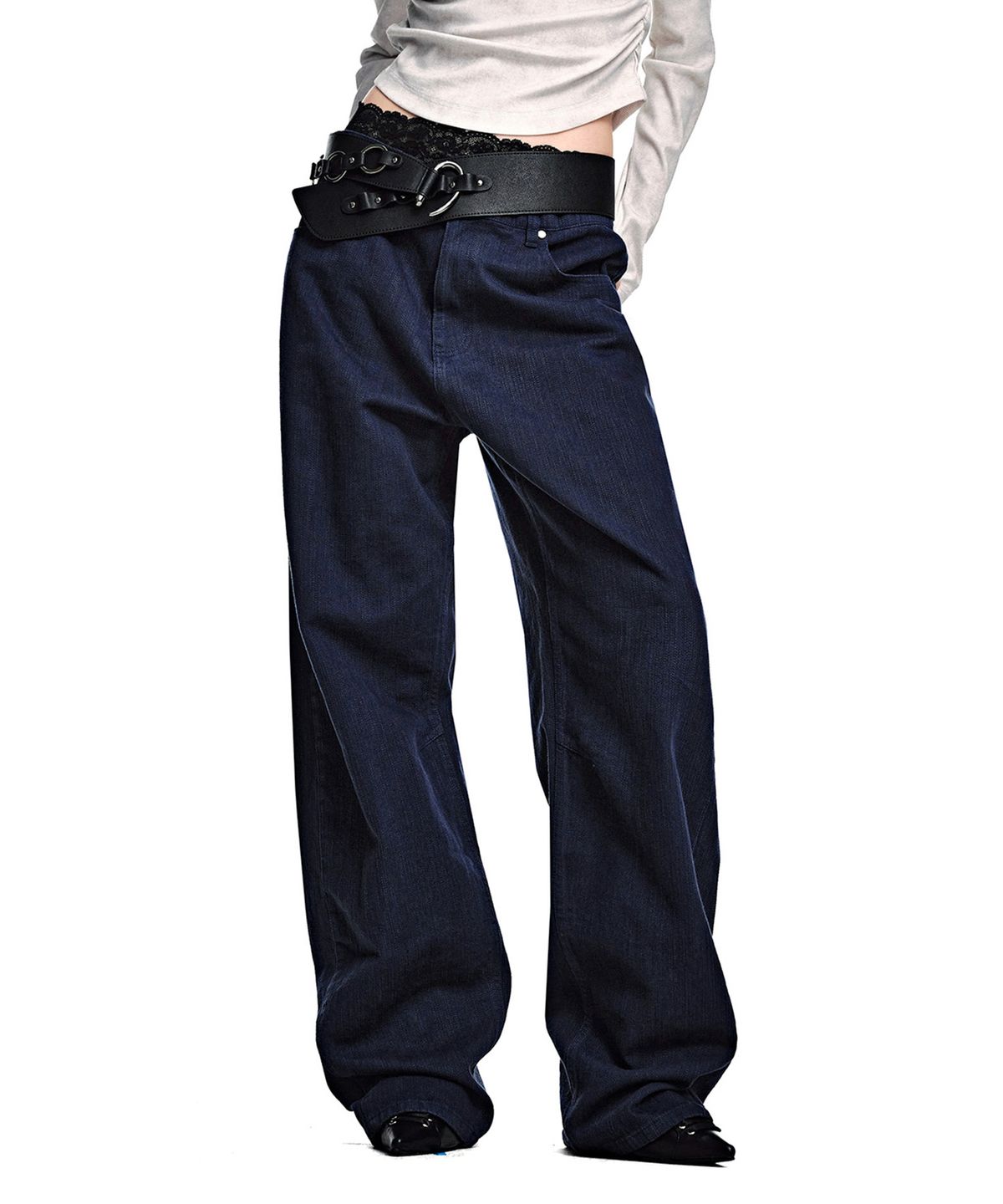 세컨모놀로그(SECONDMONO) [옷미새 미홀 콜라보]Curved Tapered Barrel-Fit Pants [COTTON DBLUE]_SEPT092DBLUE