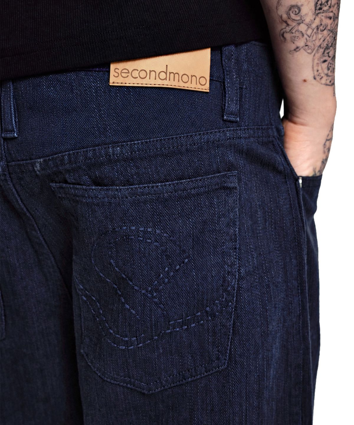 세컨모놀로그(SECONDMONO) [옷미새 미홀 콜라보]Curved Tapered Barrel-Fit Pants [COTTON DBLUE]_SEPT092DBLUE