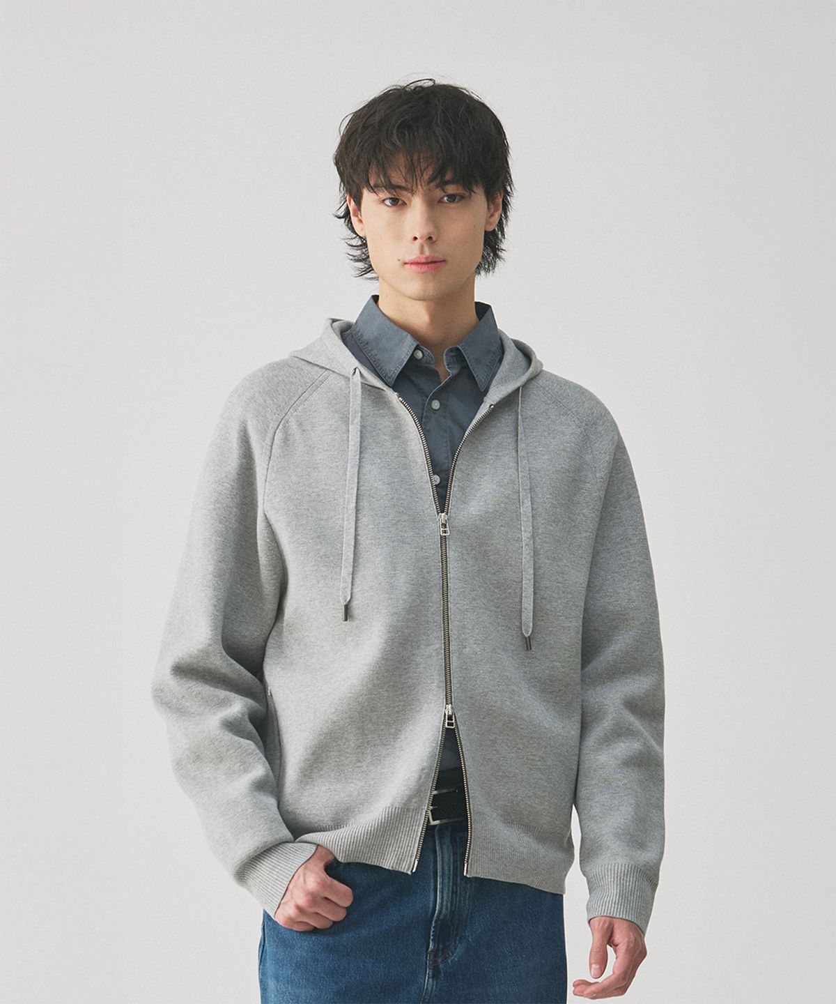 건지 울른스(Guernsey Woollens) 더블 스트럭쳐 후드 니트 집업 - 멜란지 그레이