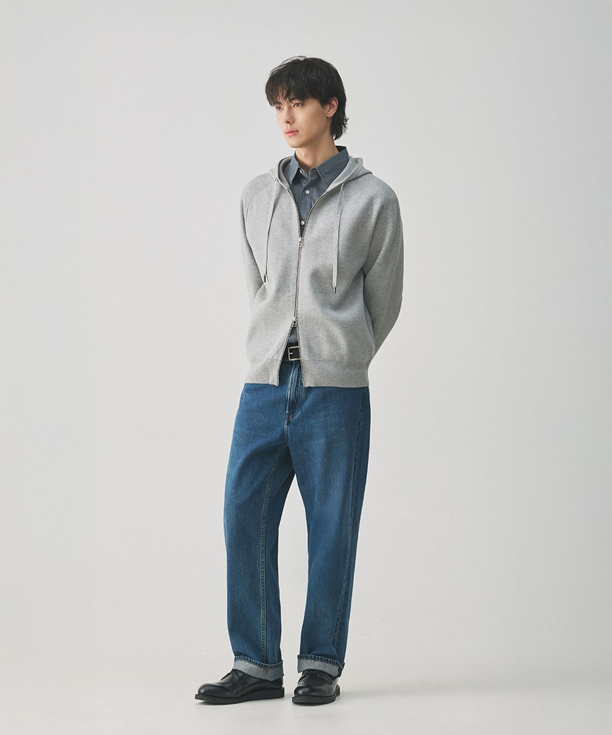 건지 울른스(Guernsey Woollens) 더블 스트럭쳐 후드 니트 집업 - 멜란지 그레이