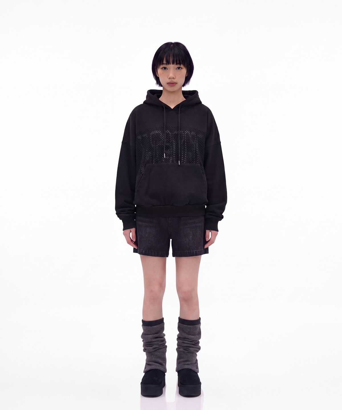몰트선셋(MOLTSUNSET) Fishnet Distressed Hoodie - Black