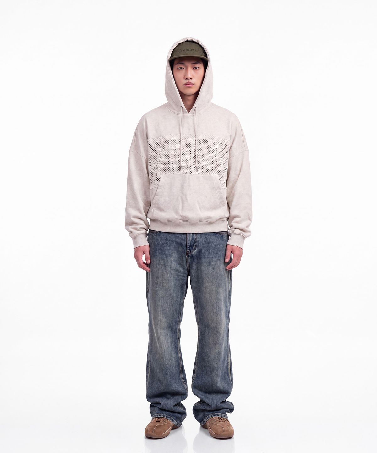 몰트선셋(MOLTSUNSET) Fishnet Distressed Hoodie - Oatmeal
