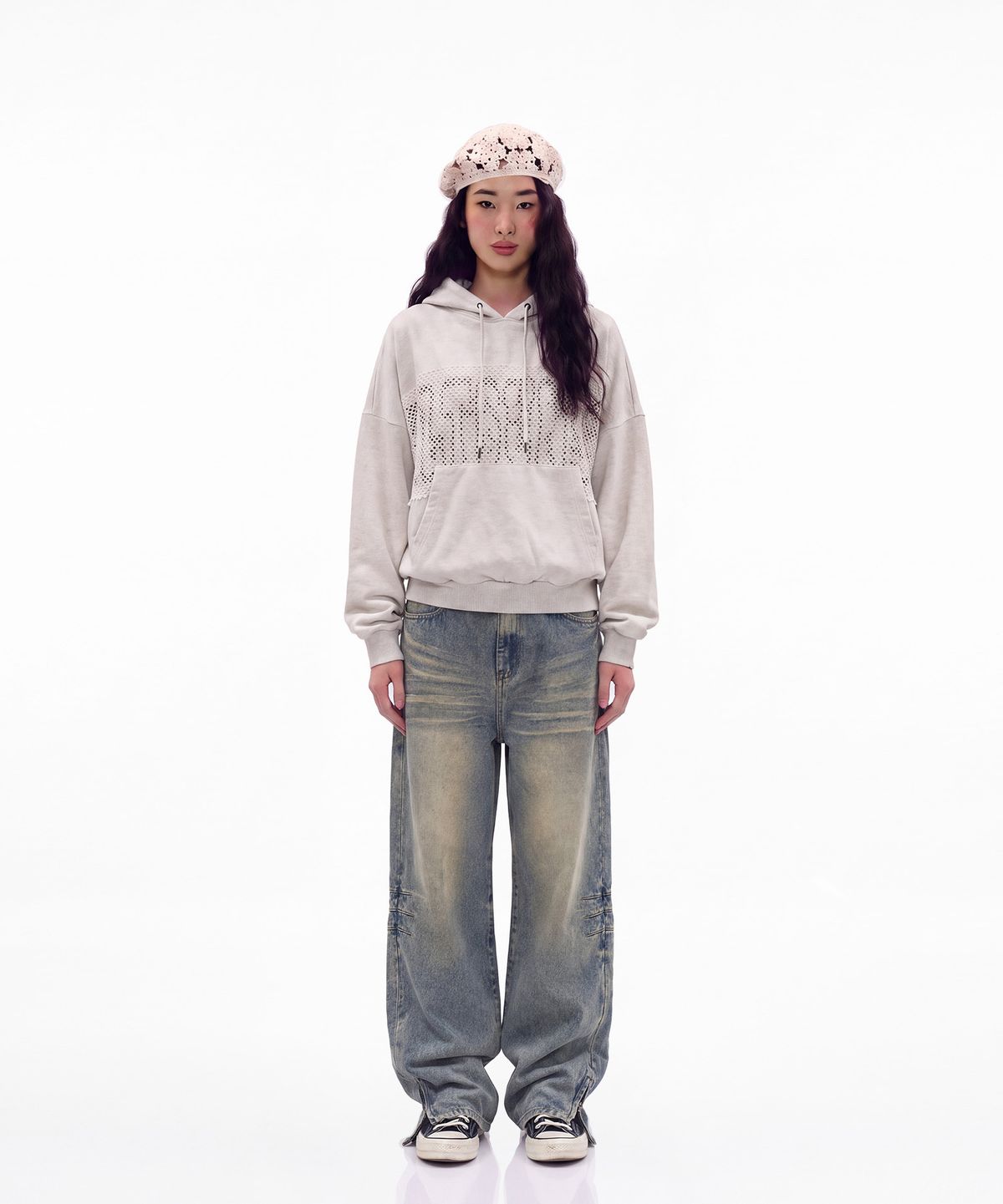 몰트선셋(MOLTSUNSET) Fishnet Distressed Hoodie - Oatmeal