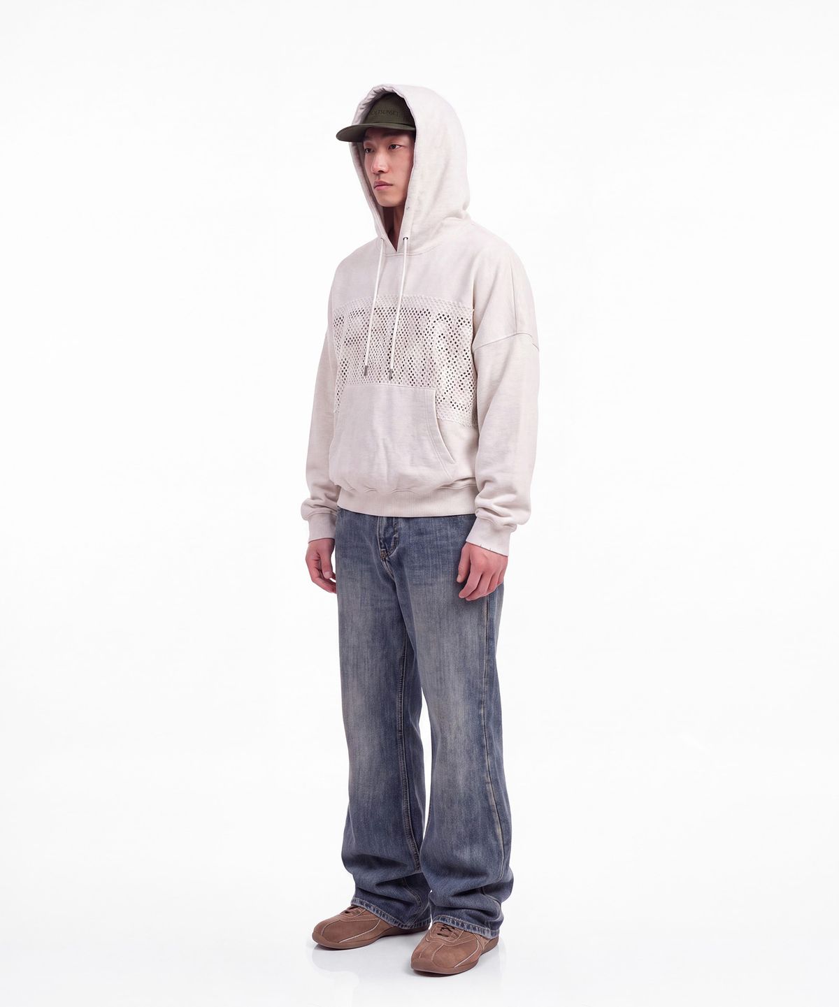 몰트선셋(MOLTSUNSET) Fishnet Distressed Hoodie - Oatmeal