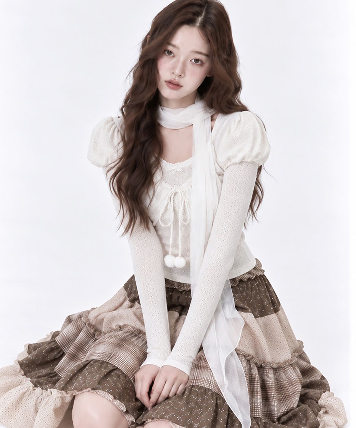 아도르벨르(ADOREBELLE) 방울 볼레로 도트 티셔츠 - 아이보리