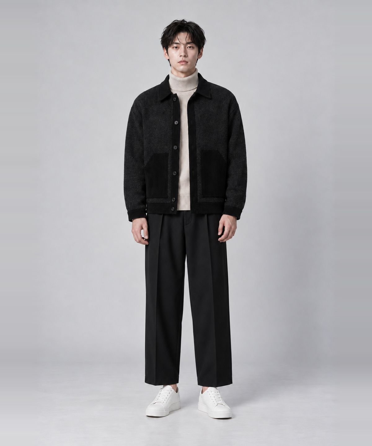 커스텀어스(CUSTOMUS) 남성 코듀로이 배색 니트 셔츠형 가디건 간절기 겨울 아우터 CXS26SKCD201 BLA