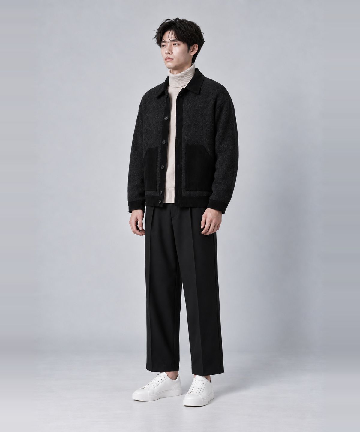 커스텀어스(CUSTOMUS) 남성 코듀로이 배색 니트 셔츠형 가디건 간절기 겨울 아우터 CXS26SKCD201 BLA