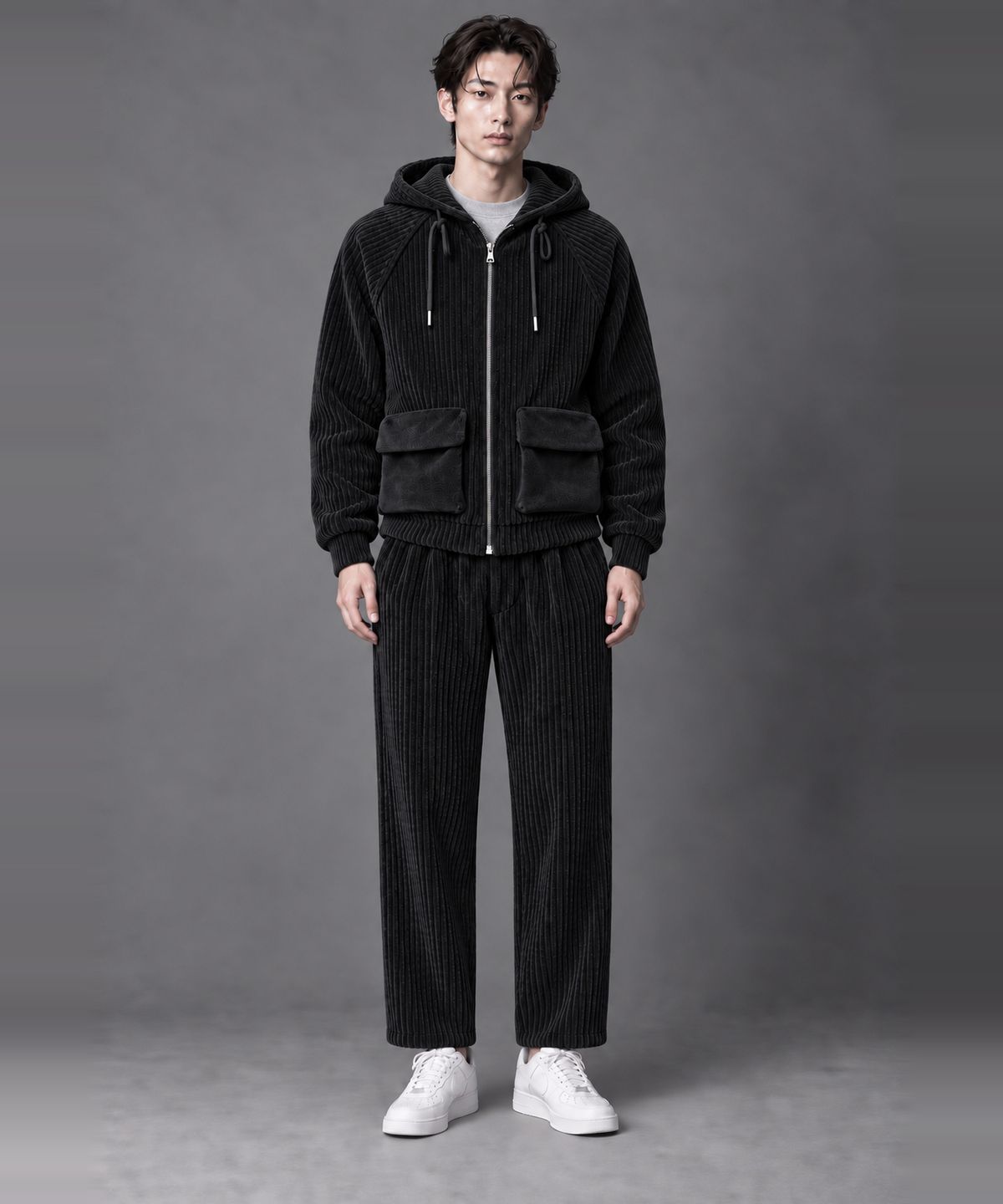 커스텀어스(CUSTOMUS) 남자 코듀로이 후드집업 점퍼 겨울 골덴 자켓 CXS26WKHJA01 BLA