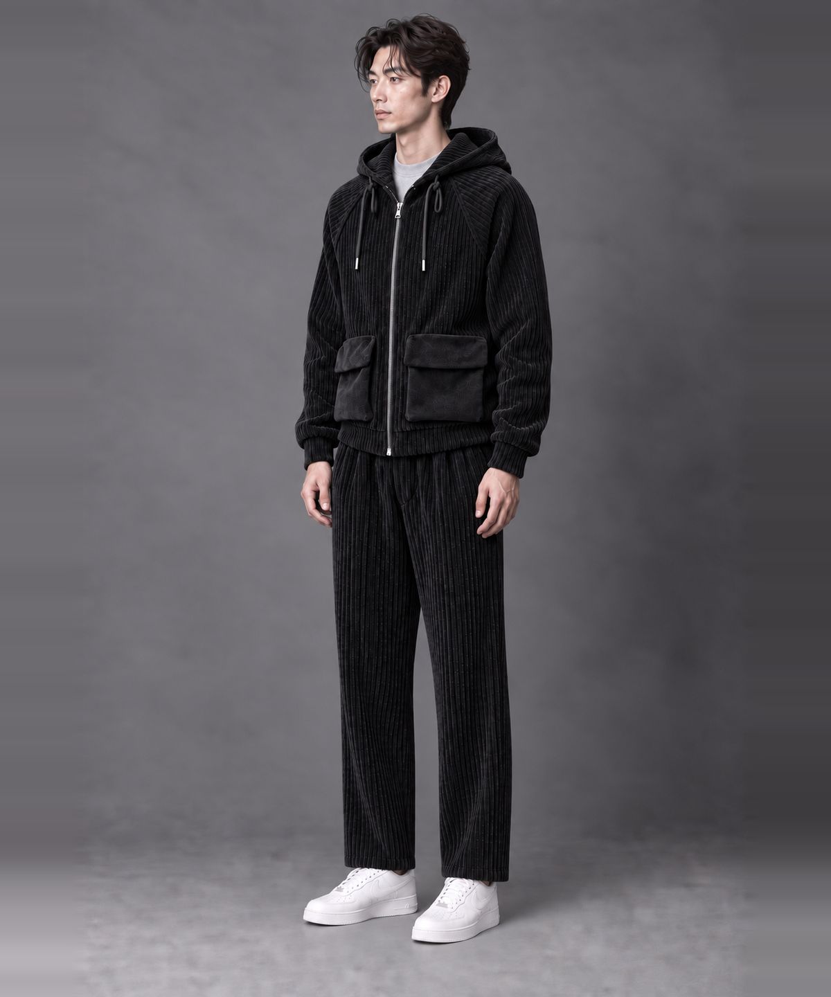 커스텀어스(CUSTOMUS) 남자 코듀로이 후드집업 점퍼 겨울 골덴 자켓 CXS26WKHJA01 BLA
