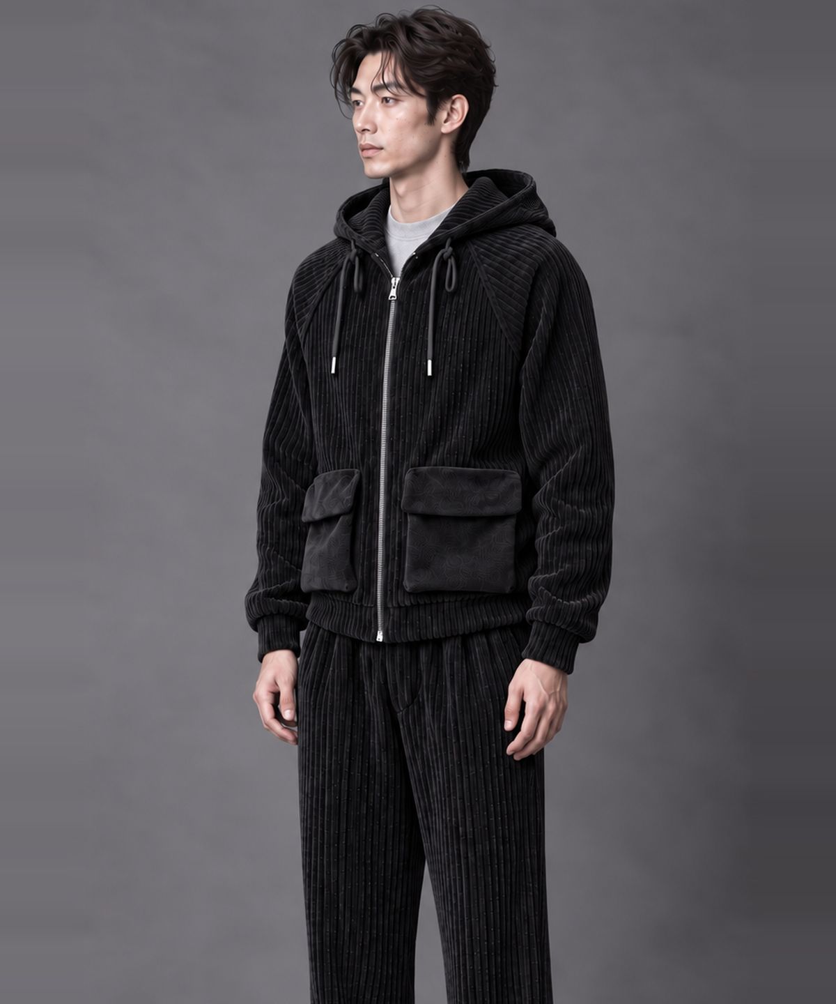 커스텀어스(CUSTOMUS) 남자 코듀로이 후드집업 점퍼 겨울 골덴 자켓 CXS26WKHJA01 BLA