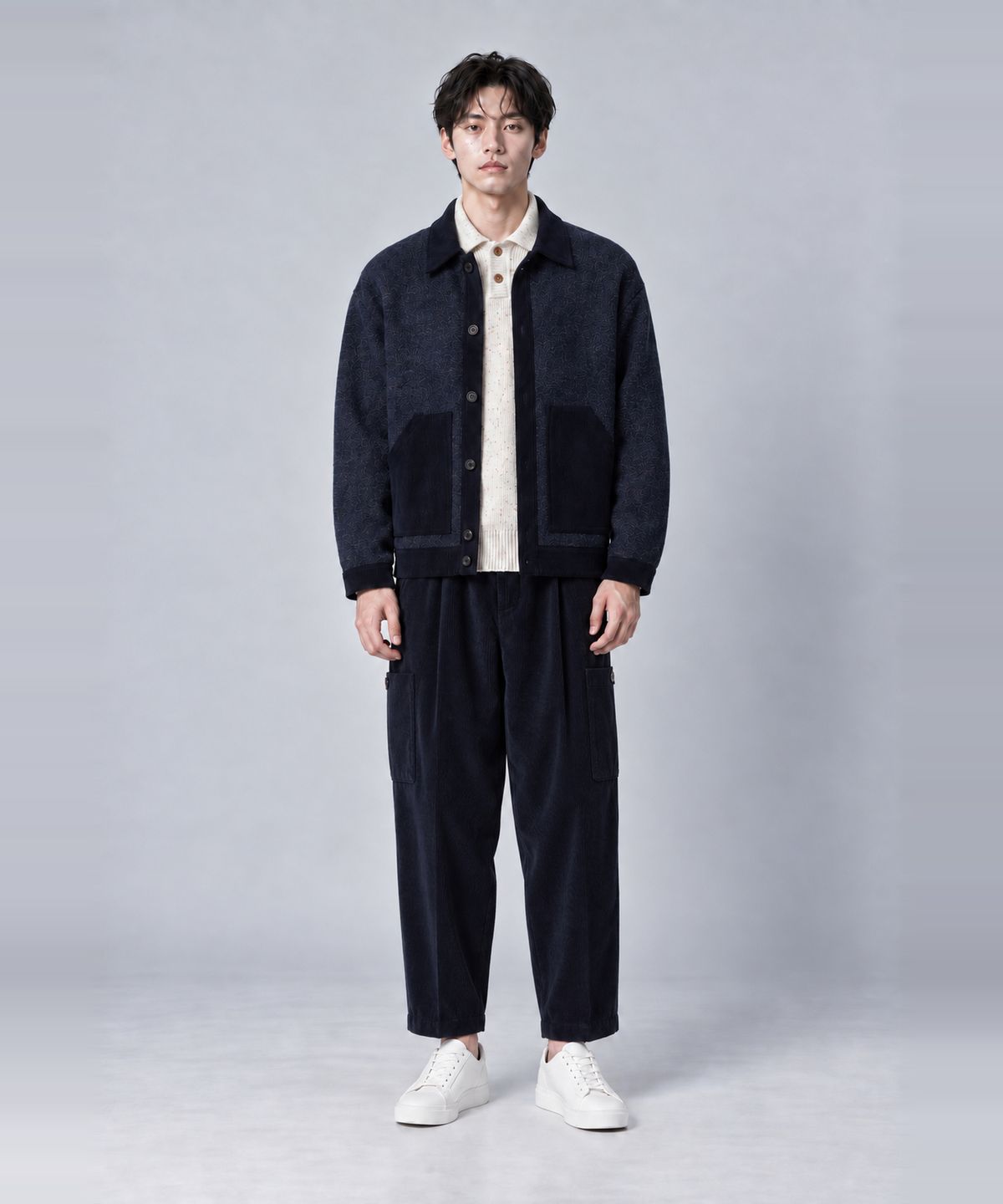 커스텀어스(CUSTOMUS) 남성 코듀로이 배색 니트 셔츠형 가디건 간절기 겨울 아우터 CXS26SKCD201 NAV