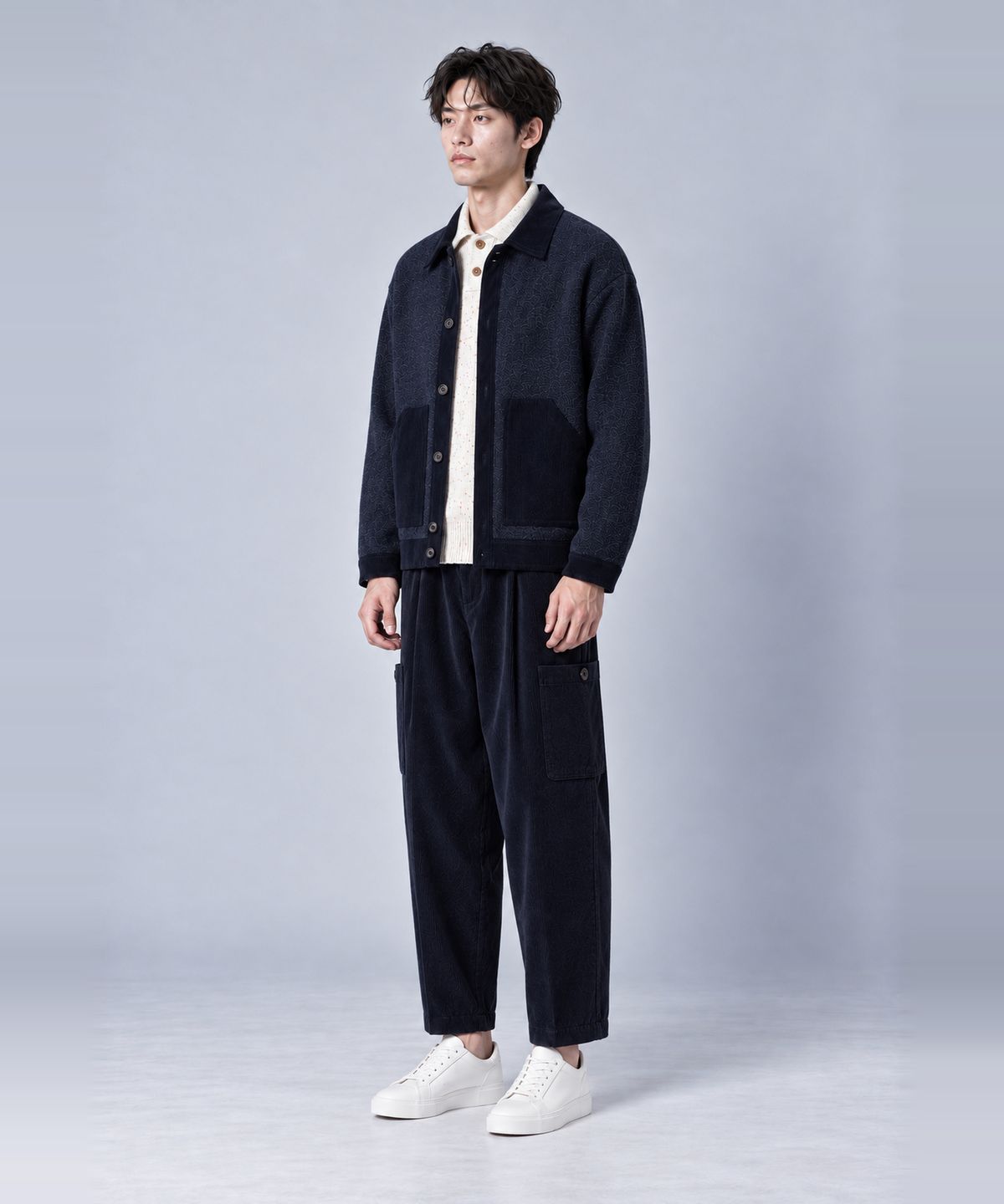 커스텀어스(CUSTOMUS) 남성 코듀로이 배색 니트 셔츠형 가디건 간절기 겨울 아우터 CXS26SKCD201 NAV