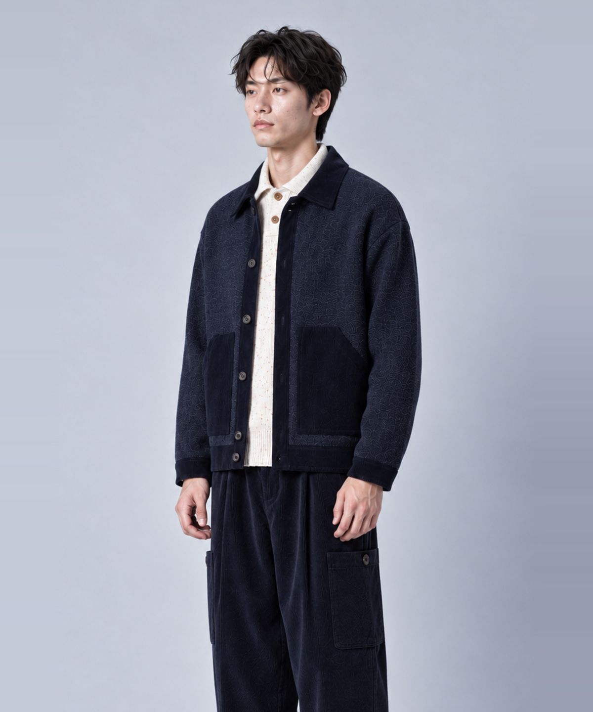 커스텀어스(CUSTOMUS) 남성 코듀로이 배색 니트 셔츠형 가디건 간절기 겨울 아우터 CXS26SKCD201 NAV