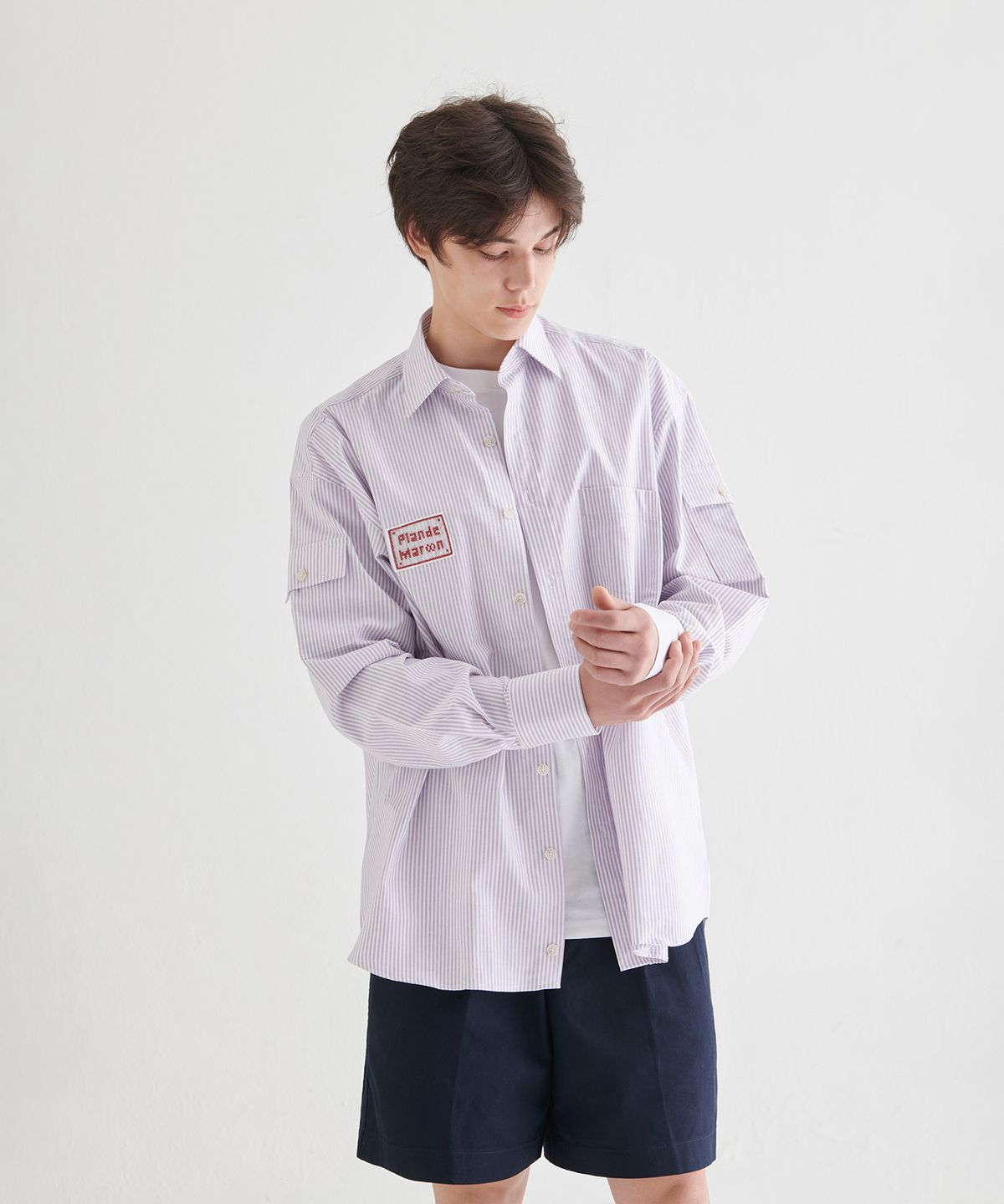 플랑 드 마룬(PLAN DE MAROON) OXFORD CARGO STRIPE SHIRT_PURPLE STRIPE