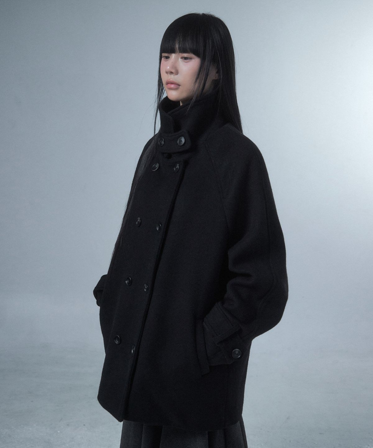 루프(LOOXP) 레글런 더블 오버핏 하프 코트 (카라ver) 블랙