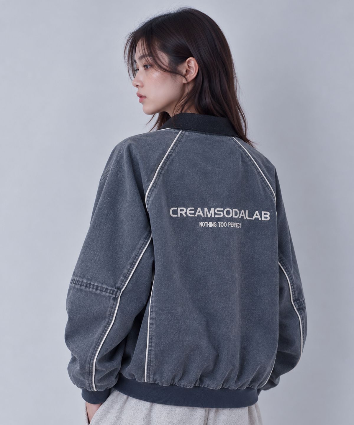 크림소다랩(CREAM SODA LAB) 파이핑 피그먼트 카라 집업 자켓 블루