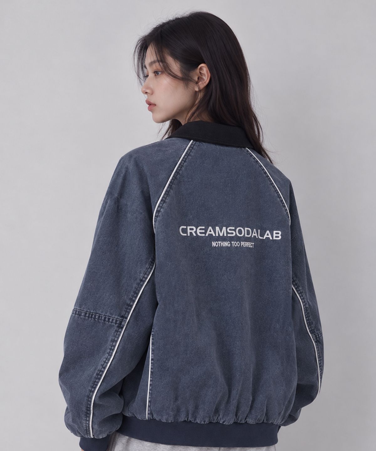 크림소다랩(CREAM SODA LAB) 파이핑 피그먼트 카라 집업 자켓 블루