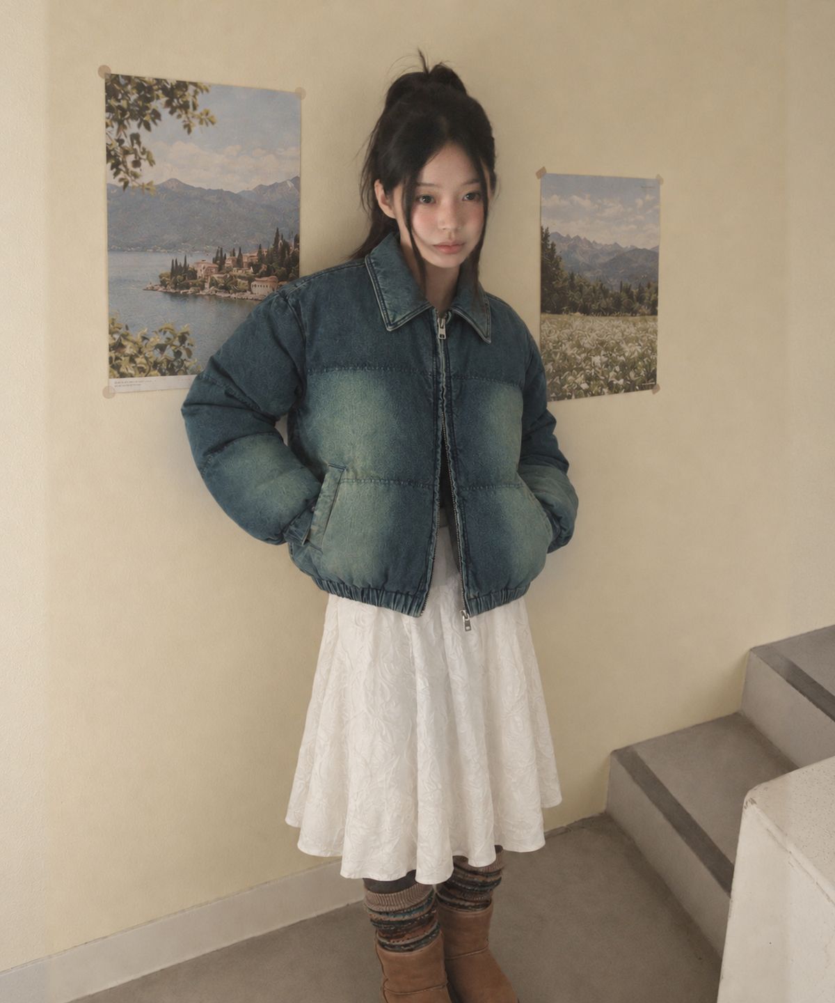 메인부스(MAINBOOTH) Vintage Denim Puffer Jacket(BLUE)