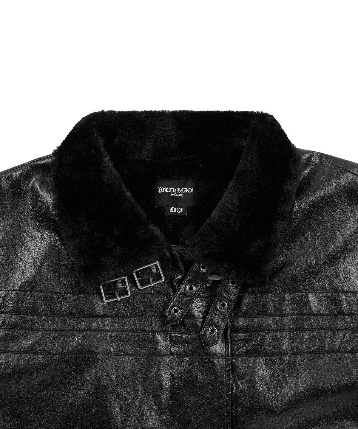 피치블랙(PITCHBLACK) LEATHER HOOK-DETAIL FUR MUSTANG JACKET (BLACK)