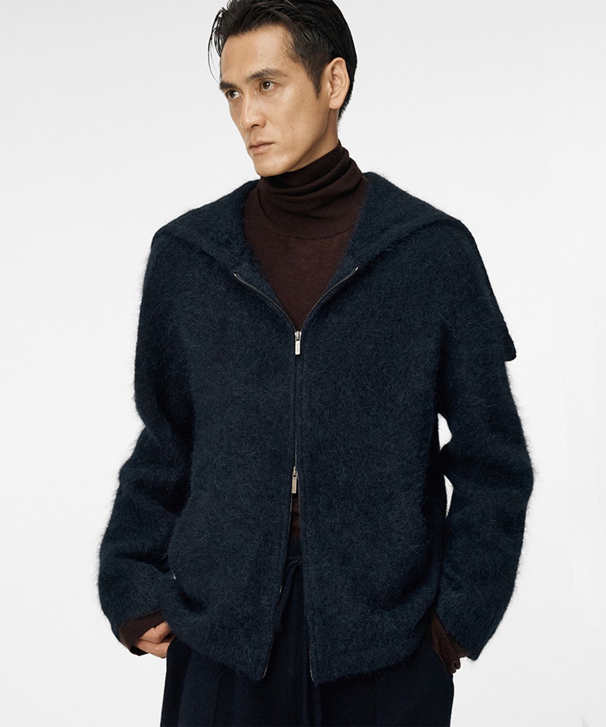 우마뭉(UMARMUNG) Alpaca convertible hood zip up jacket_Deep sea