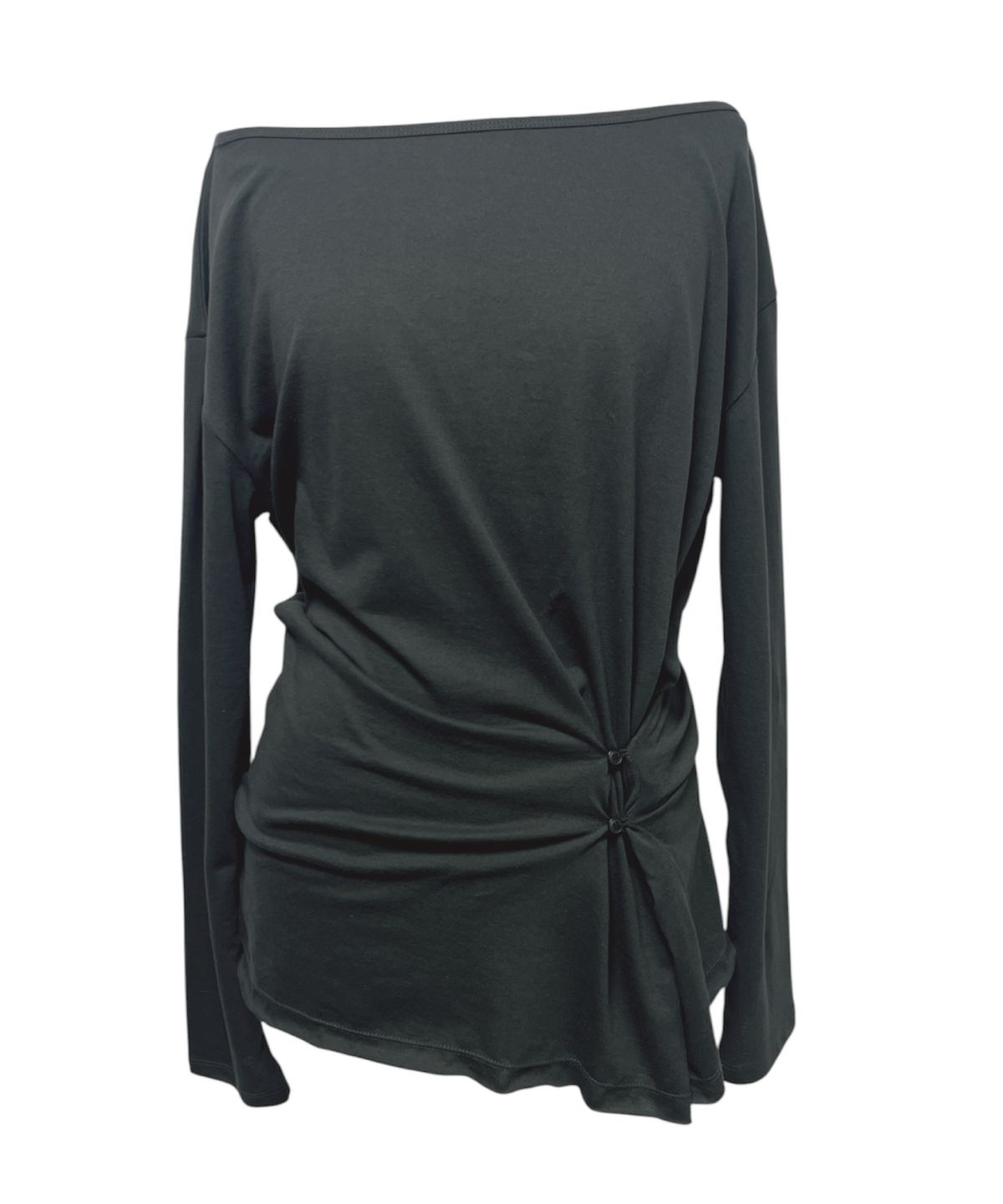 키라(KIYRA) Lettering Button-Up Oversized One-Shoulder Tee [Dark Charcoal]