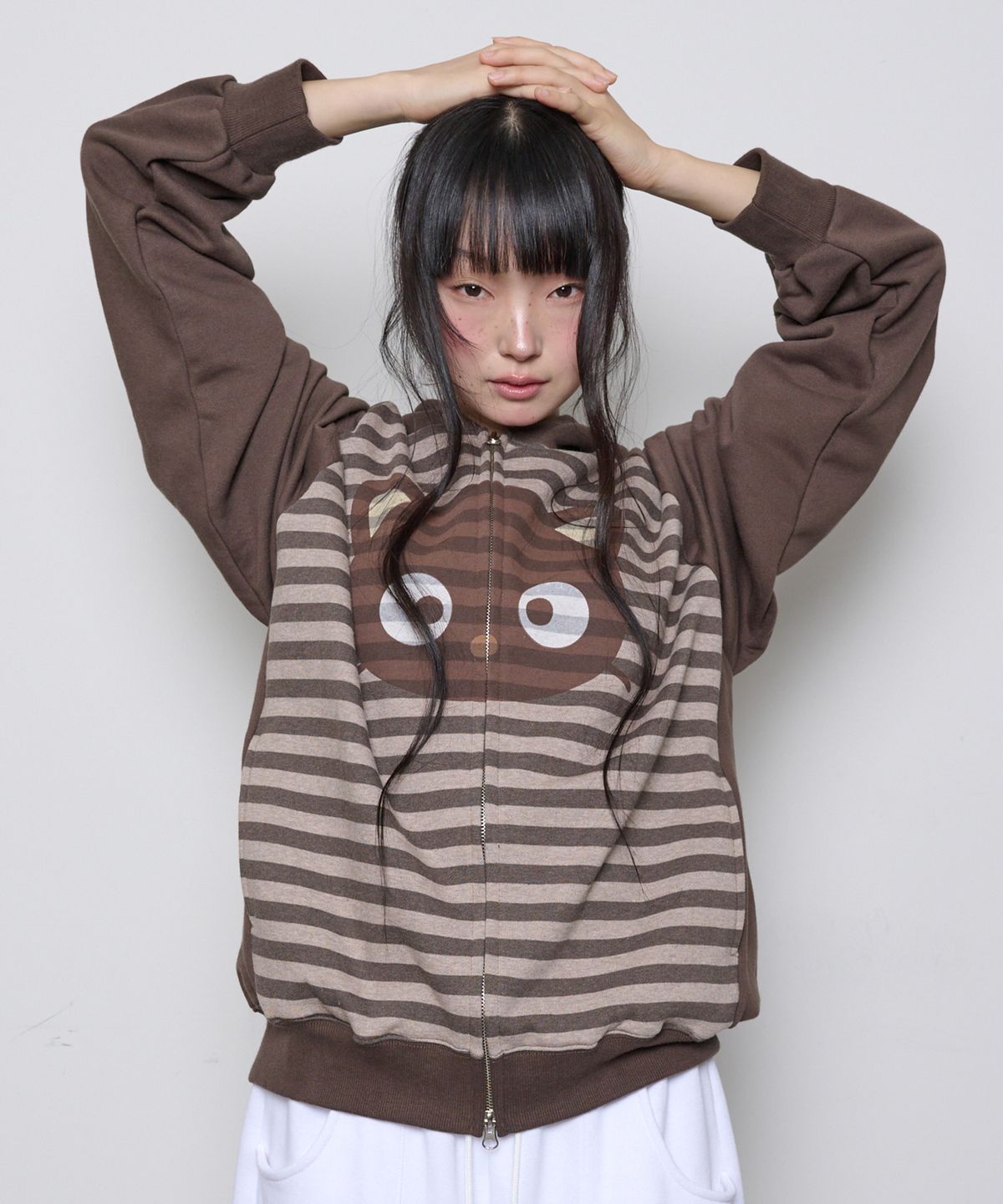 잇자바이브(ITZAVIBE) CHOCOCAT STRIPE HOODIE ZIP UP - BROWN