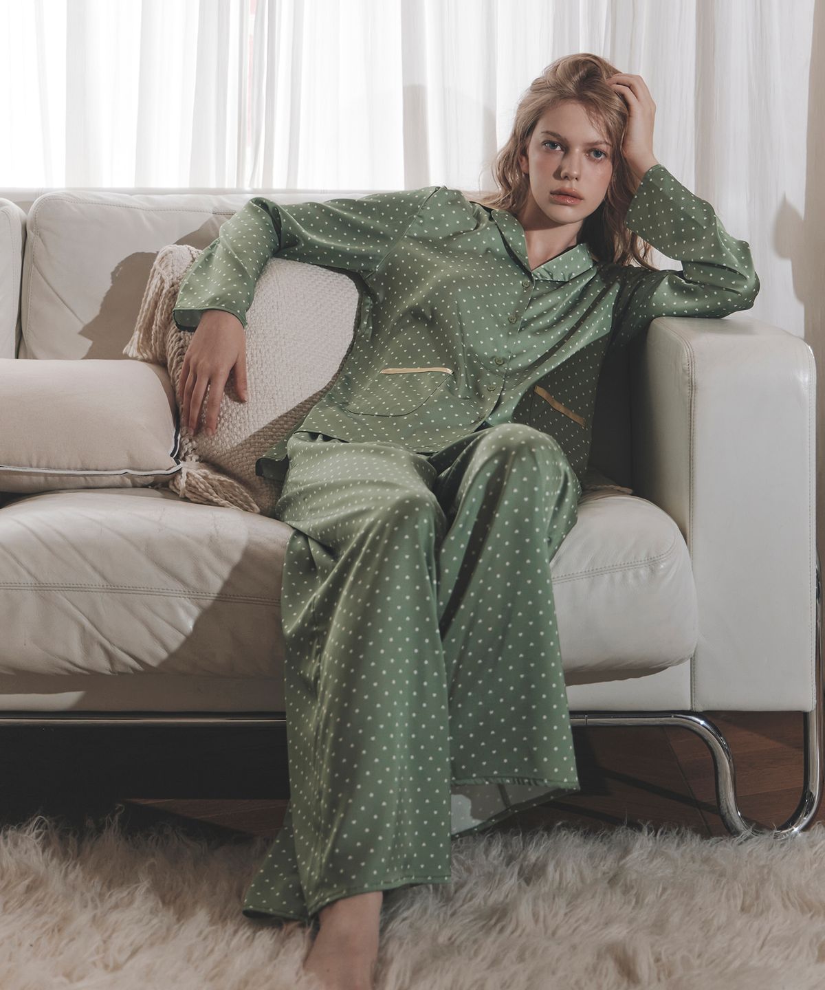 세이드(CEID) [w] 하트 스위트룸 긴팔 파자마 세트 - 올리브 그린 (+파우치 증정)