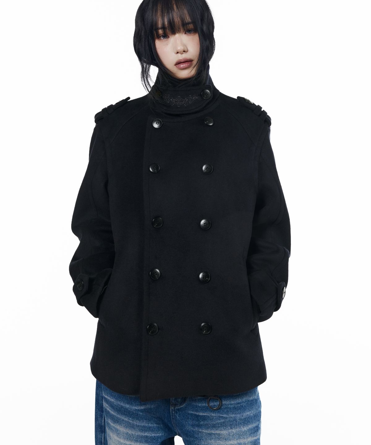 아캄(AAKAM) High-Neck Double Peacoat (Dark Navy)