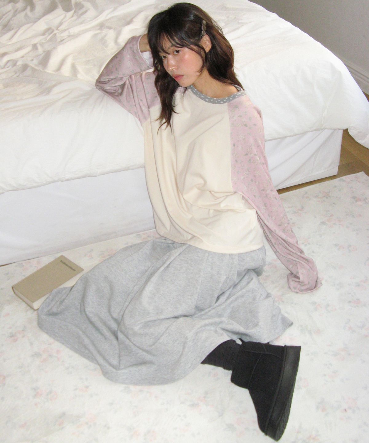 론론(RONRON) MIX PATTERN RAGLAN LONG SLEEVE FLORAL PINK