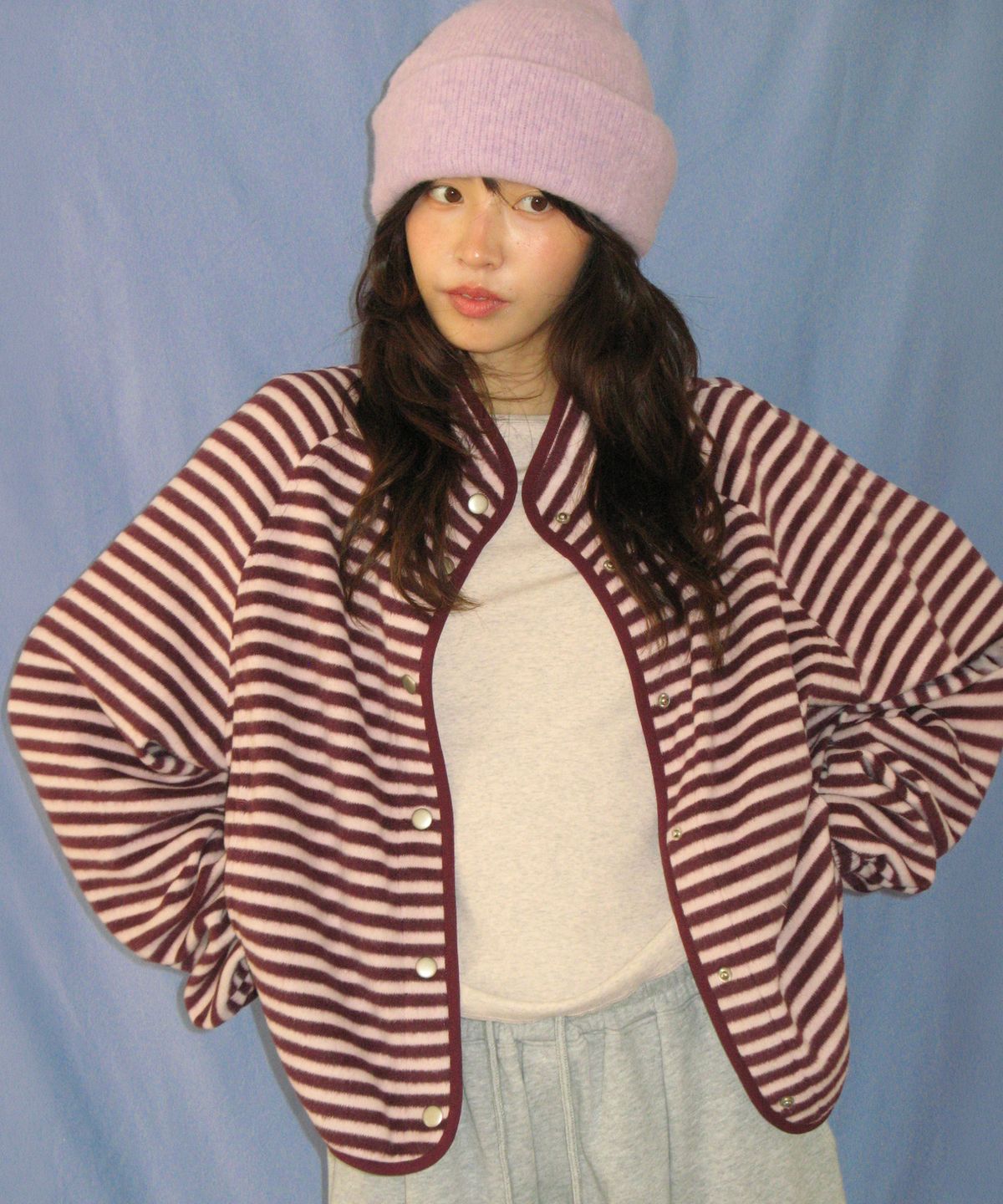 론론(RONRON) HIGH NECK SNAP FLEECE JUMPER PURPLE STRIPE