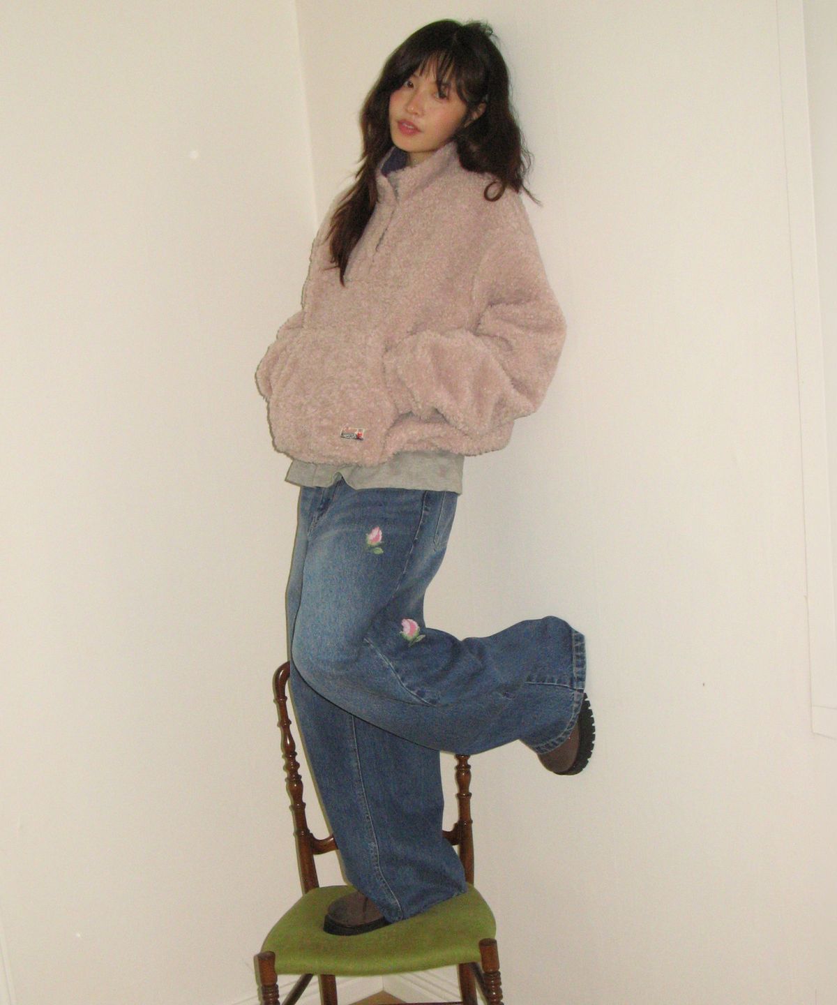 론론(RONRON) HIGH NECK HALF SNAP FLEECE ANORAK PINK