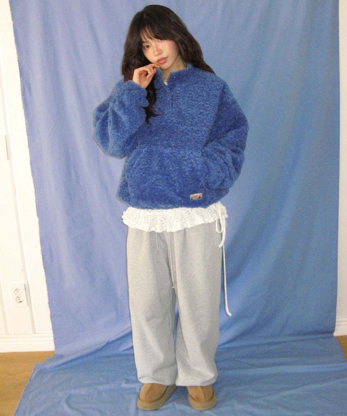 론론(RONRON) HIGH NECK HALF SNAP FLEECE ANORAK BLUE