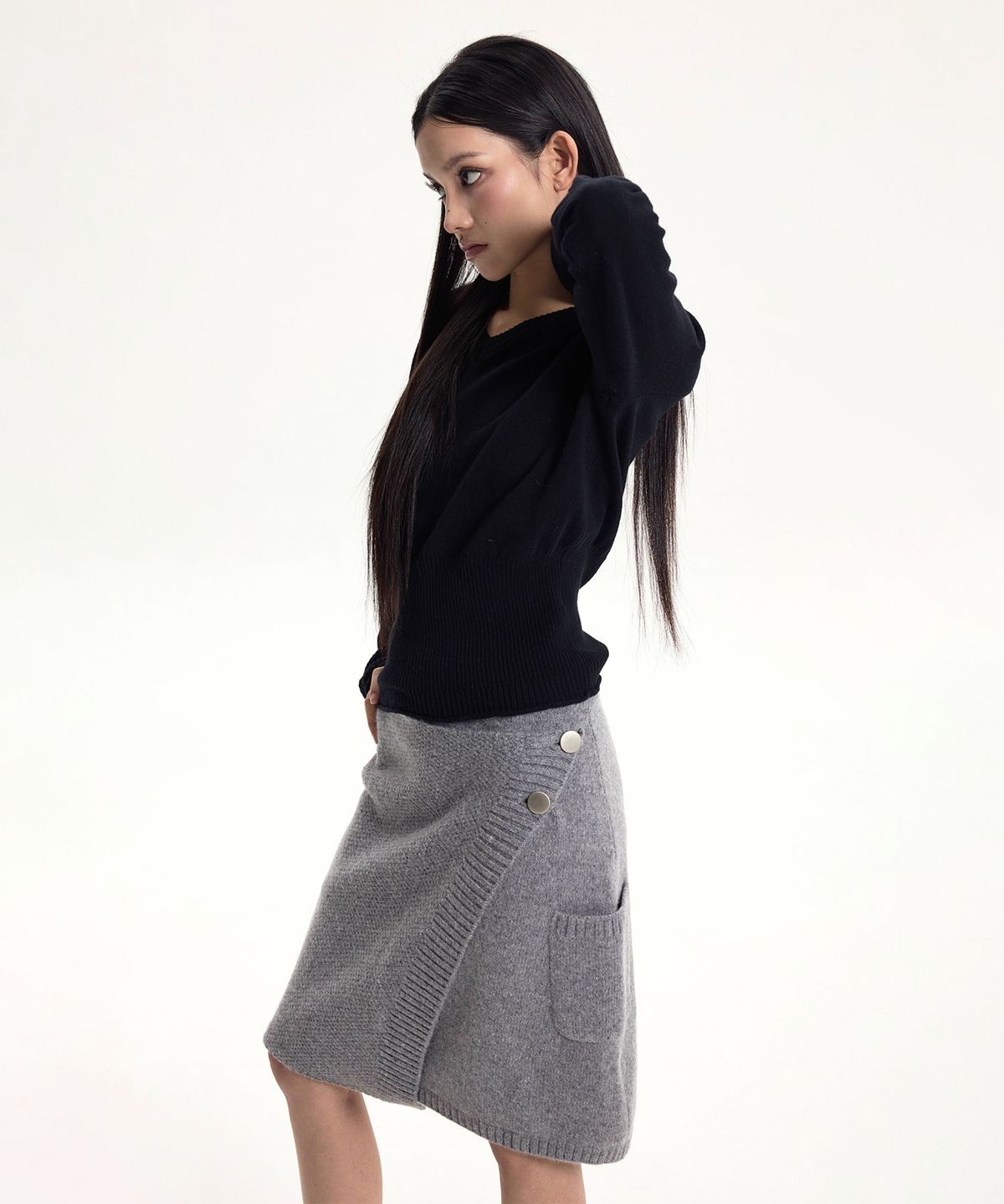 레인지(RANGE) 베이비알파카 랩 미디 스커트 (그레이)