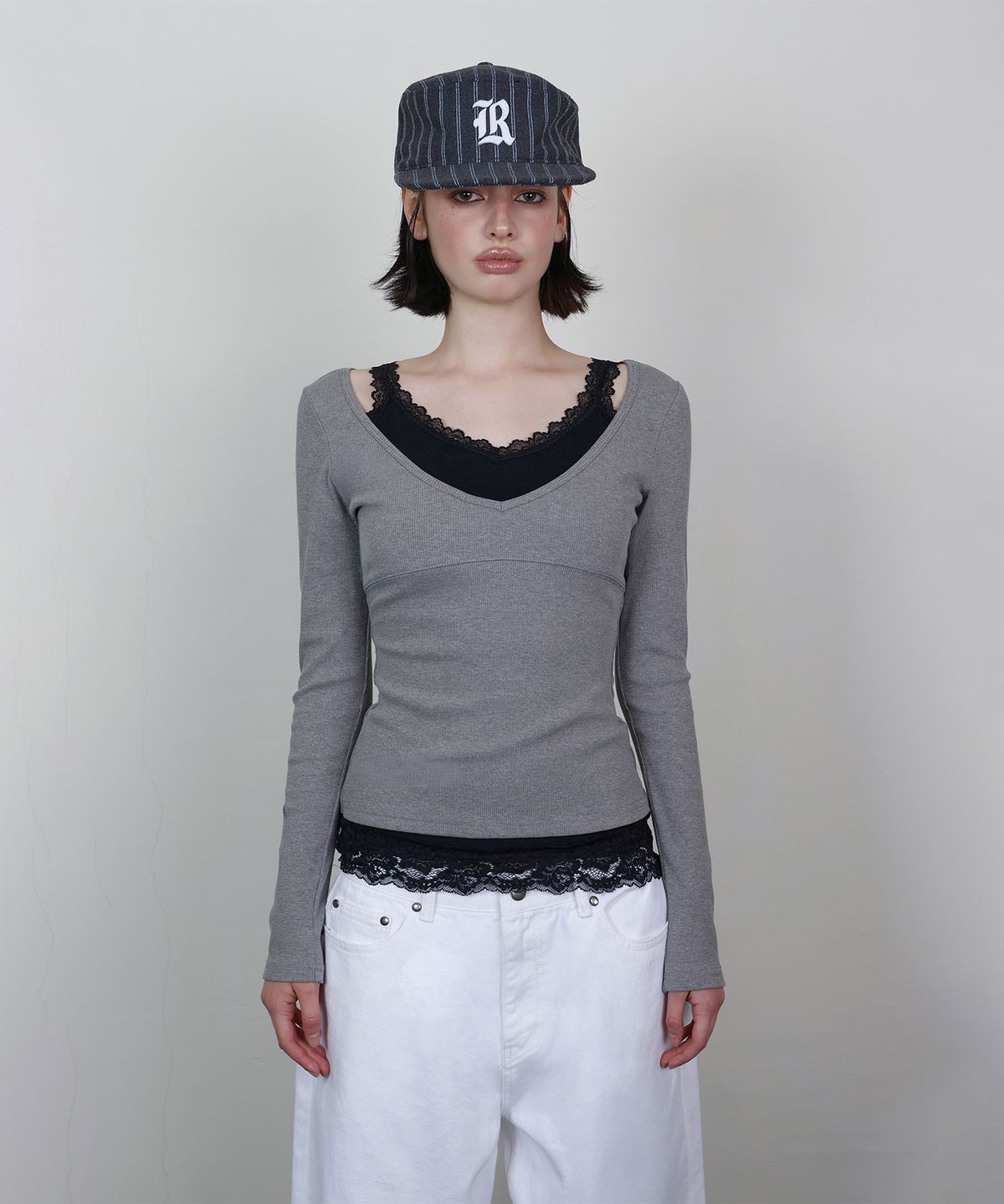 로타입(ROUGHTYPE) Lace Double-layered Long Sleeve Top - Gray