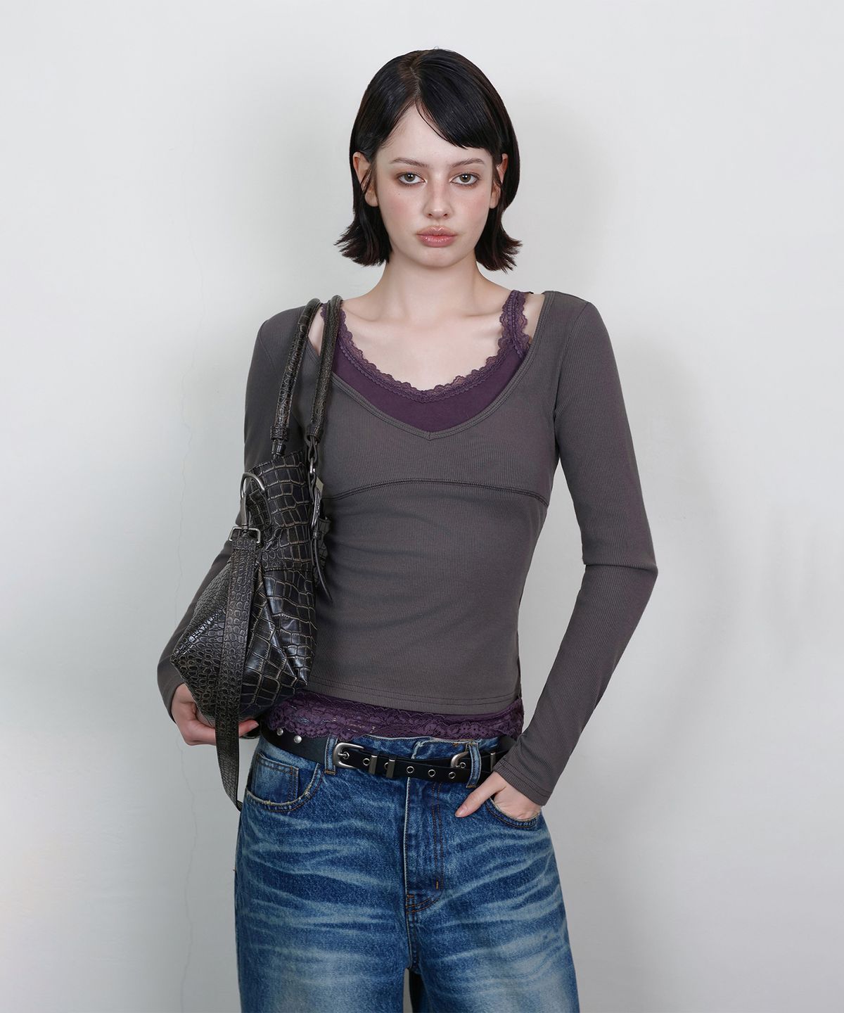 로타입(ROUGHTYPE) Lace Double-layered Long Sleeve Top - Charcoal