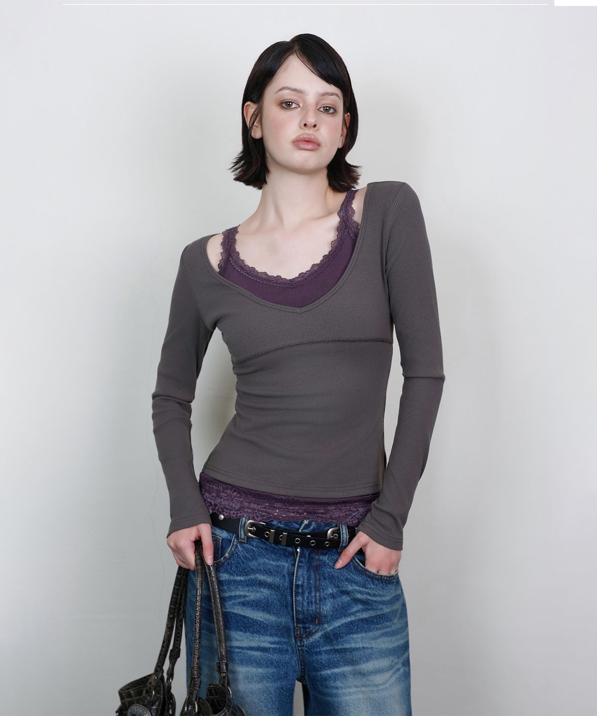 로타입(ROUGHTYPE) Lace Double-layered Long Sleeve Top - Charcoal