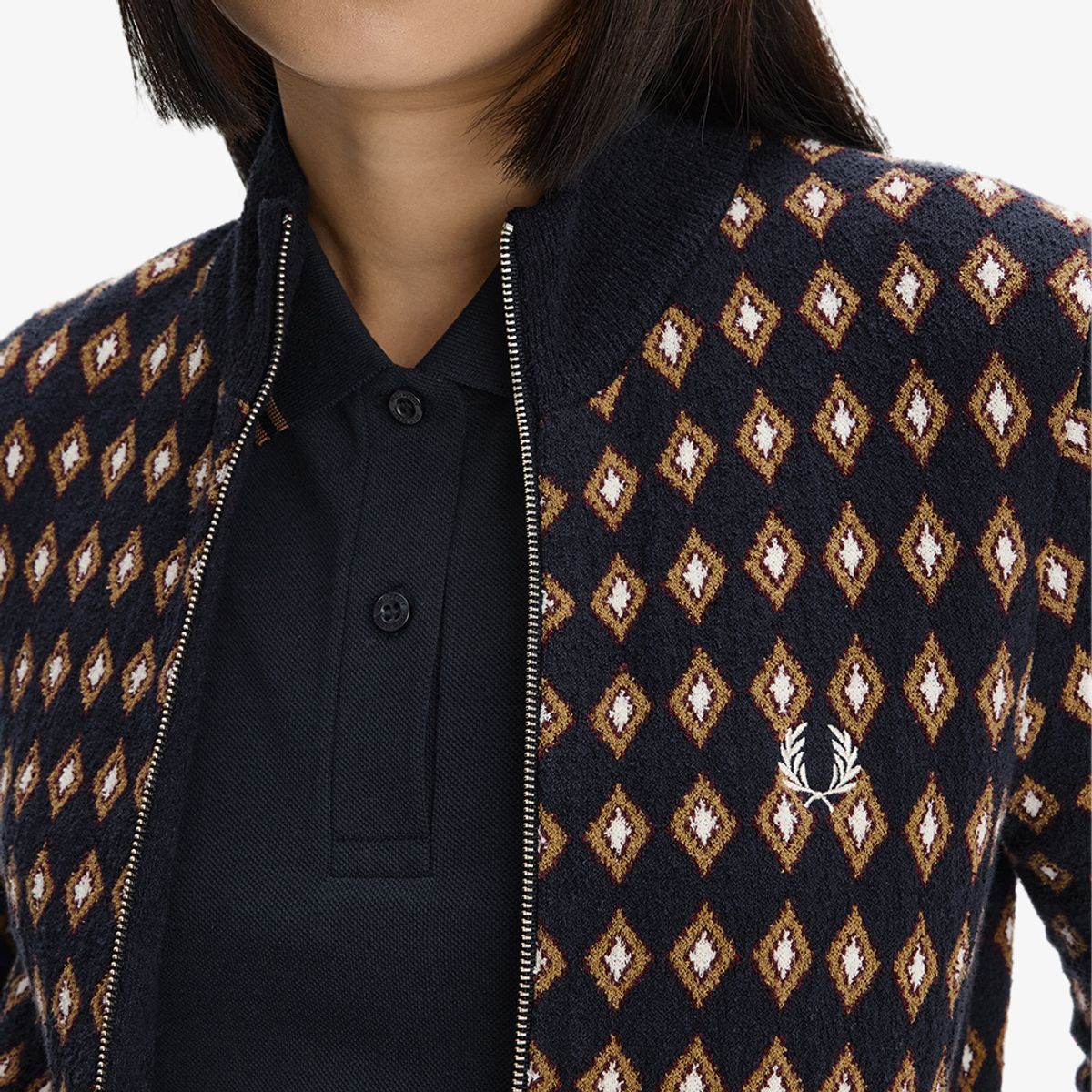 프레드페리(FRED PERRY) [Womens] 부클 자가드 니트 트랙 재킷 - 네이비/화이트 AFPF2G33178-608