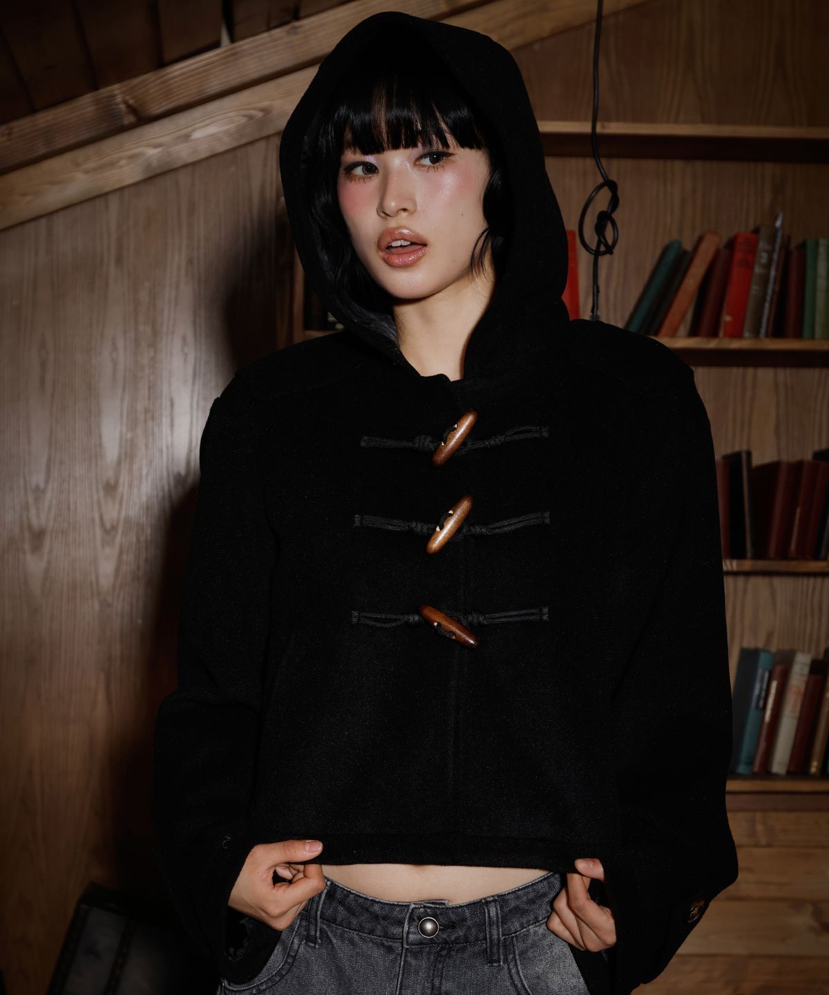 엘엠알(LMR) 울 후드 크롭 더플 코트 BLACK