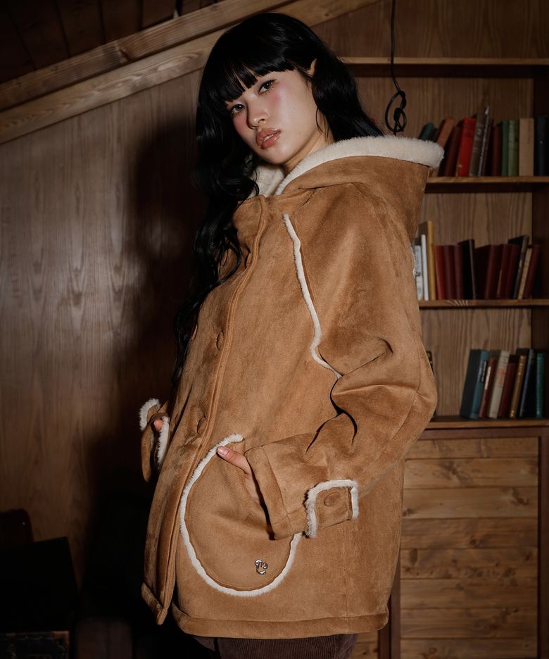 스웨이드 무스탕 후드 하프 코트 CAMEL