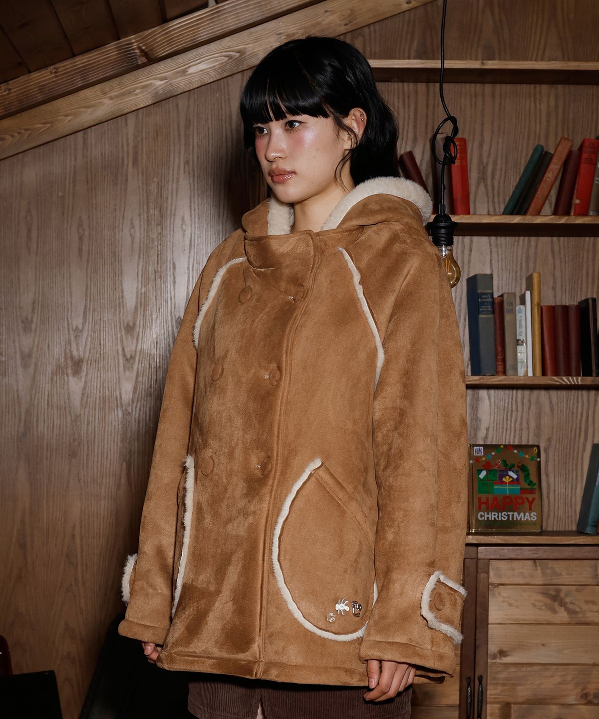 엘엠알(LMR) 스웨이드 무스탕 후드 하프 코트 CAMEL