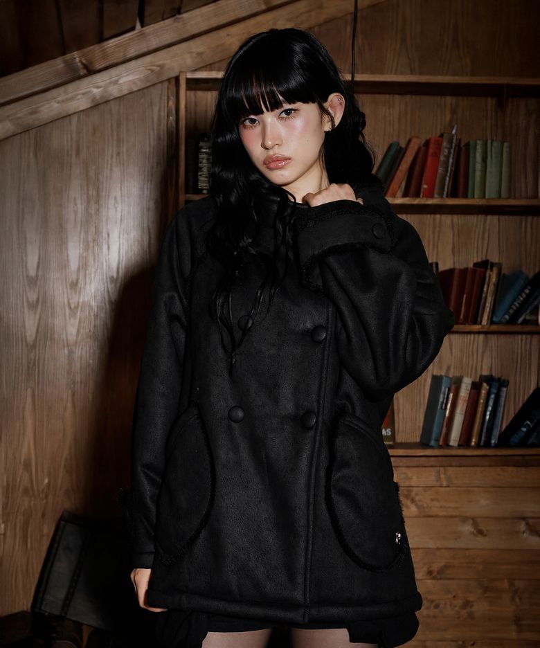 스웨이드 무스탕 후드 하프 코트 BLACK
