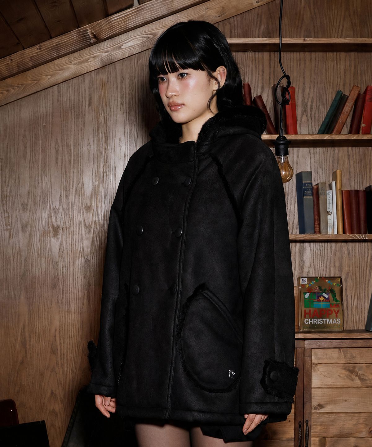 엘엠알(LMR) 스웨이드 무스탕 후드 하프 코트 BLACK