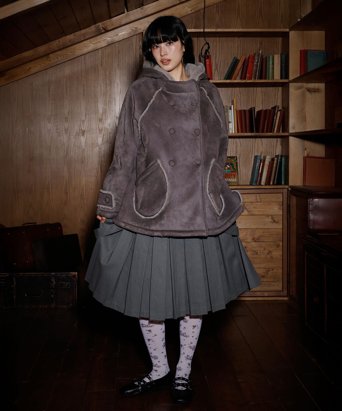 엘엠알(LMR) 스웨이드 무스탕 후드 하프 코트 GREY